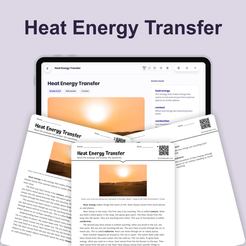 Heat Energy Transfer — science — reading comprehension for Grade 3, Grade 4, Grade 5, page 1 of 4