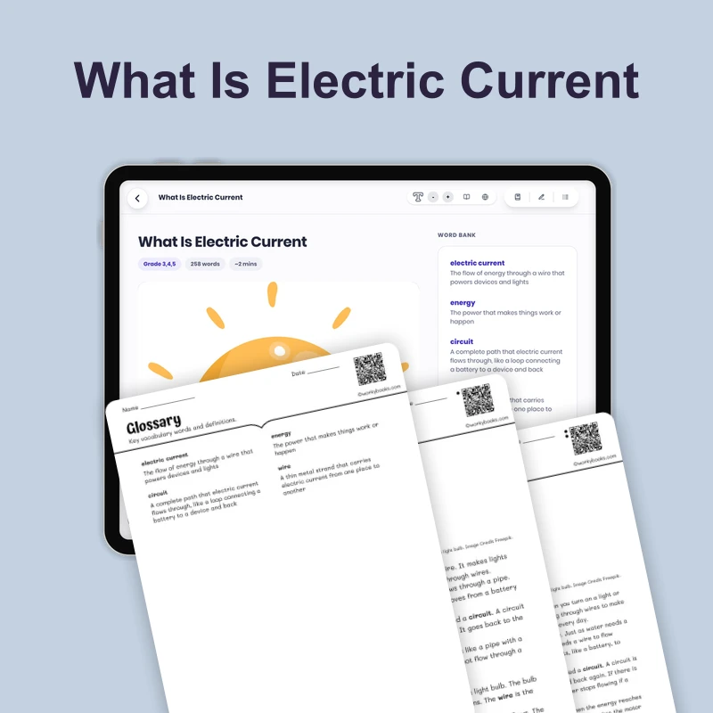 What Is Electric Current — science — reading comprehension for Grade 3, Grade 4, Grade 5, page 1 of 4