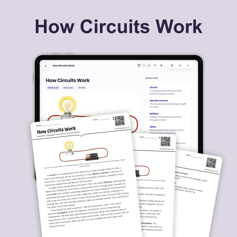 How Circuits Work — science — reading comprehension for Grade 3, Grade 4, Grade 5, page 1 of 4