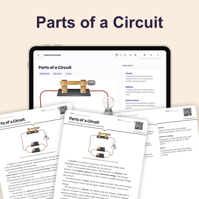 Parts of a Circuit — science — reading comprehension for Grade 3, Grade 4, Grade 5, page 1 of 4