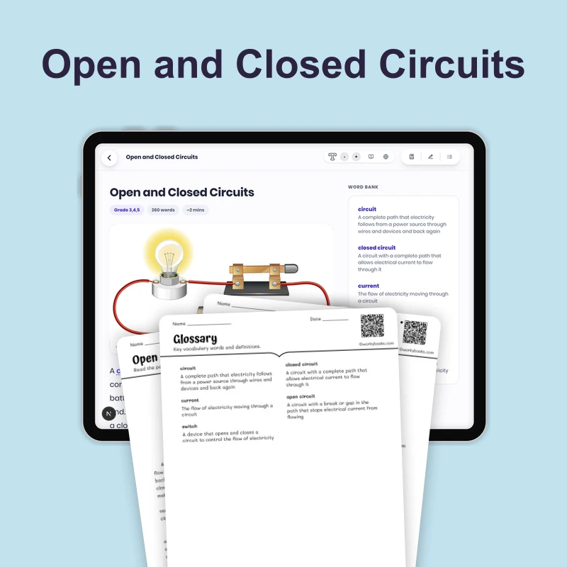 Open and Closed Circuits — science — reading comprehension for Grade 3, Grade 4, Grade 5, page 1 of 4