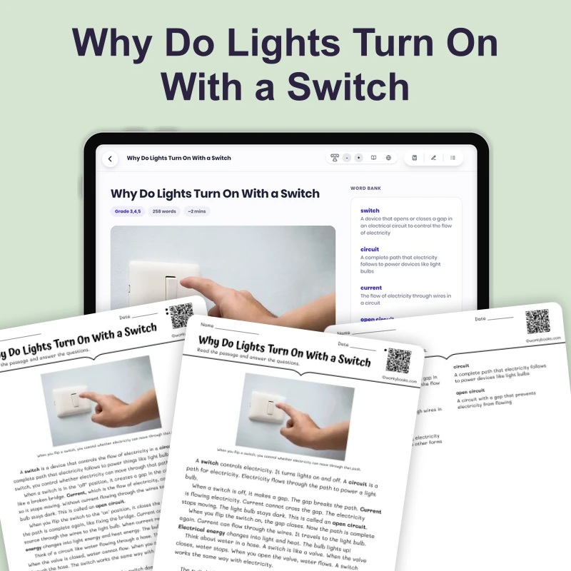 Why Do Lights Turn On With a Switch — science — reading comprehension for Grade 3, Grade 4, Grade 5, page 1 of 4
