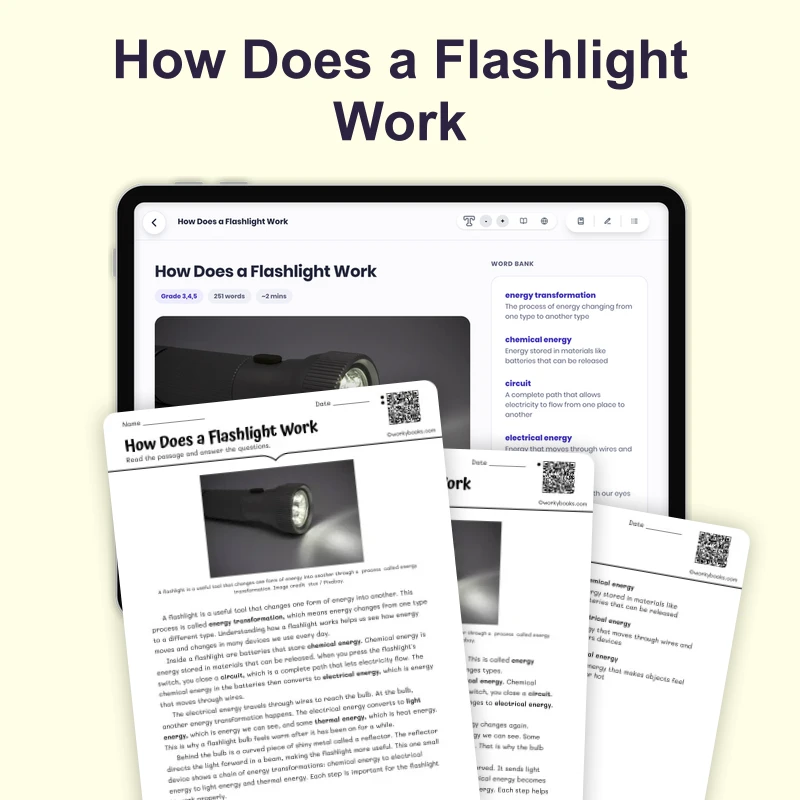 How Does a Flashlight Work — science — reading comprehension for Grade 3, Grade 4, Grade 5, page 1 of 4