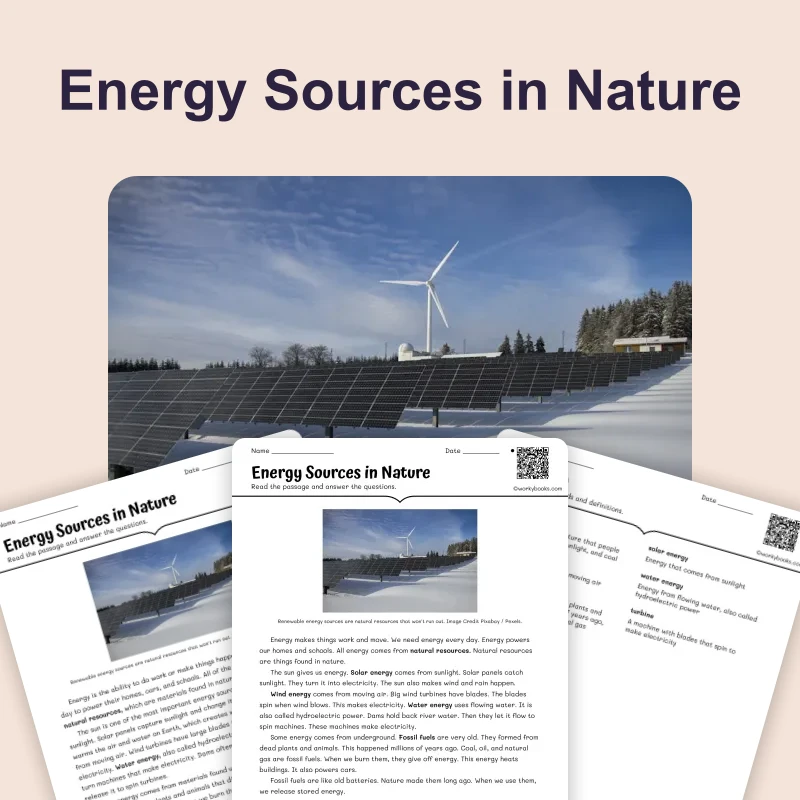 Energy Sources in Nature — science — reading comprehension for Grade 3, Grade 4, Grade 5, page 1 of 4