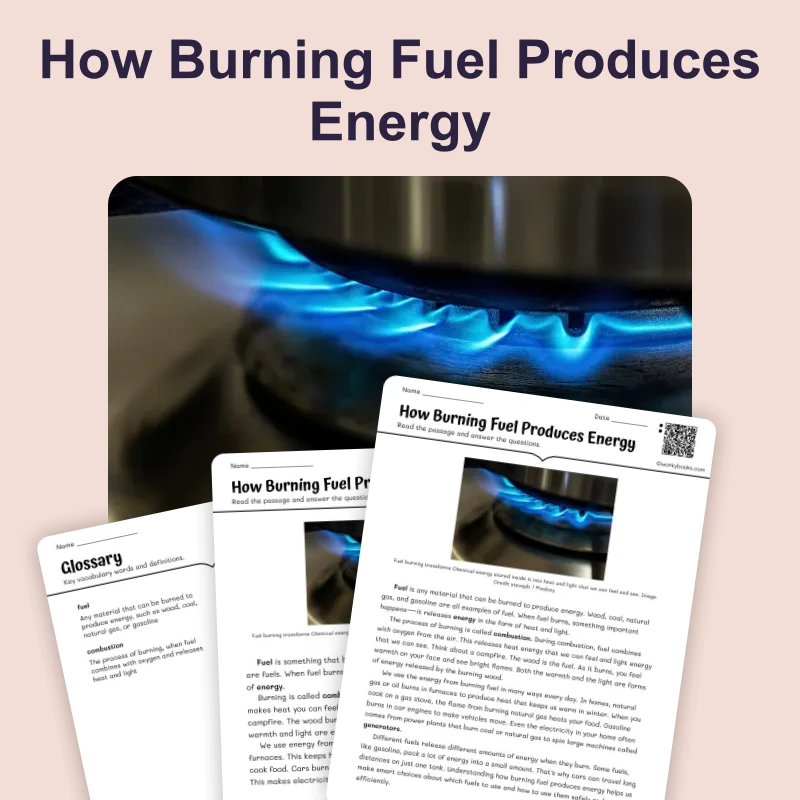 How Burning Fuel Produces Energy — science — reading comprehension for Grade 3, Grade 4, Grade 5, page 1 of 4