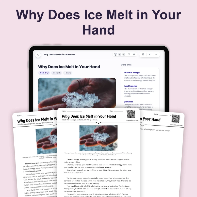 Why Does Ice Melt in Your Hand — science — reading comprehension for Grade 3, Grade 4, Grade 5, page 1 of 4