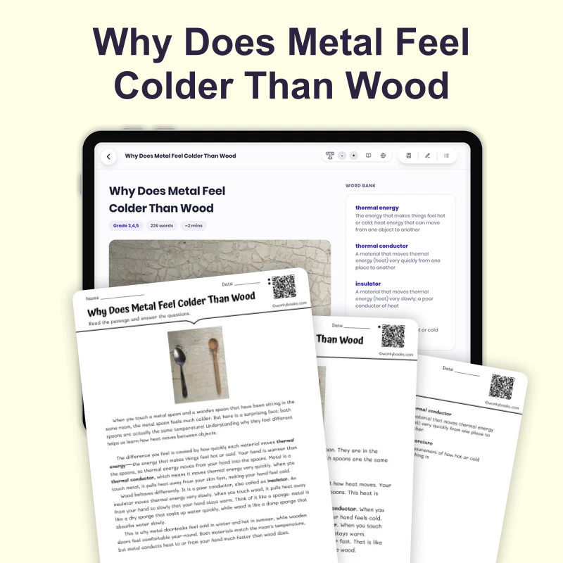 Why Does Metal Feel Colder Than Wood — science — reading comprehension for Grade 3, Grade 4, Grade 5, page 1 of 4