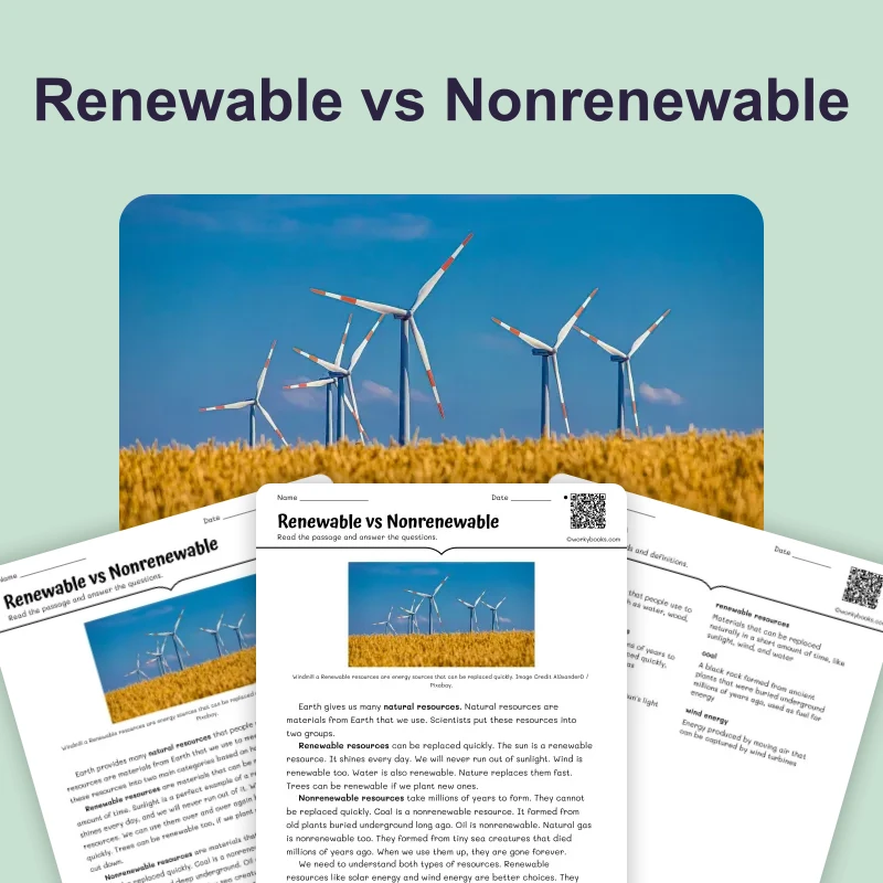 Renewable vs Nonrenewable — science — reading comprehension for Grade 3, Grade 4, Grade 5, page 1 of 4