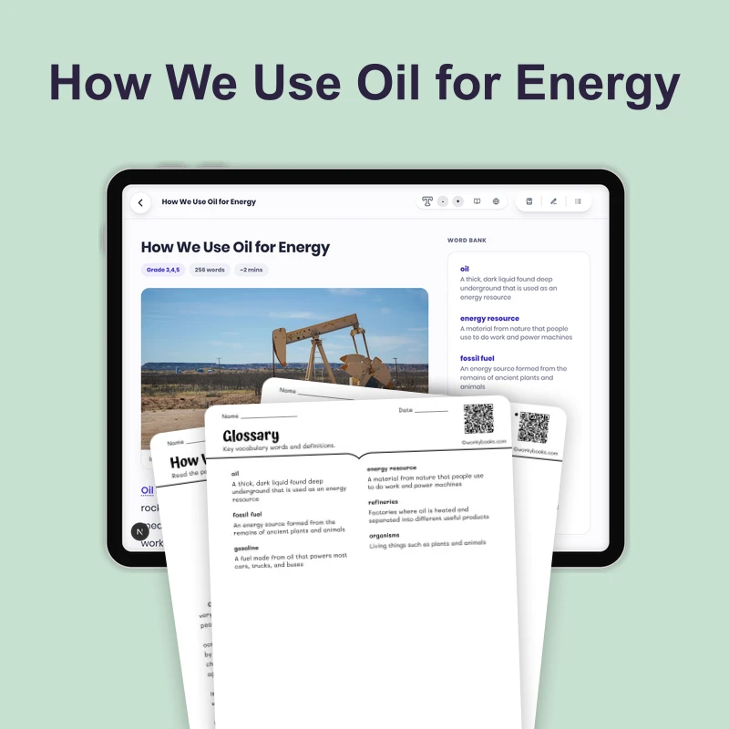 How We Use Oil for Energy — science — reading comprehension for Grade 3, Grade 4, Grade 5, page 1 of 4