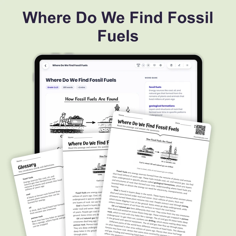 Where Do We Find Fossil Fuels — science — reading comprehension for Grade 3, Grade 4, Grade 5, page 1 of 4