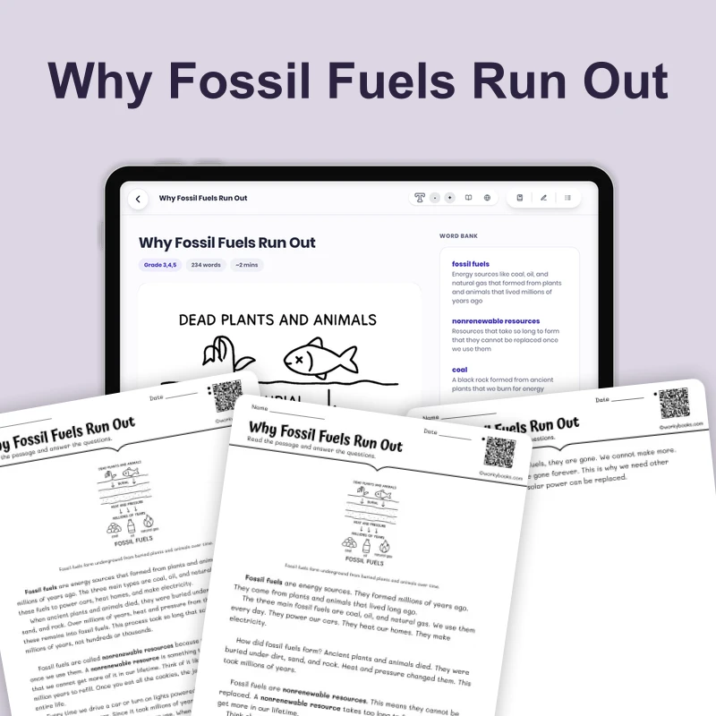 Why Fossil Fuels Run Out — science — reading comprehension for Grade 3, Grade 4, Grade 5, page 1 of 4