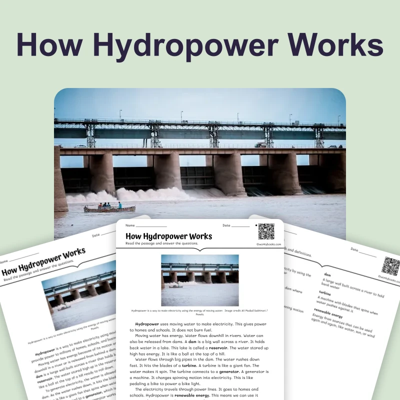 How Hydropower Works — science — reading comprehension for Grade 3, Grade 4, Grade 5, page 1 of 4