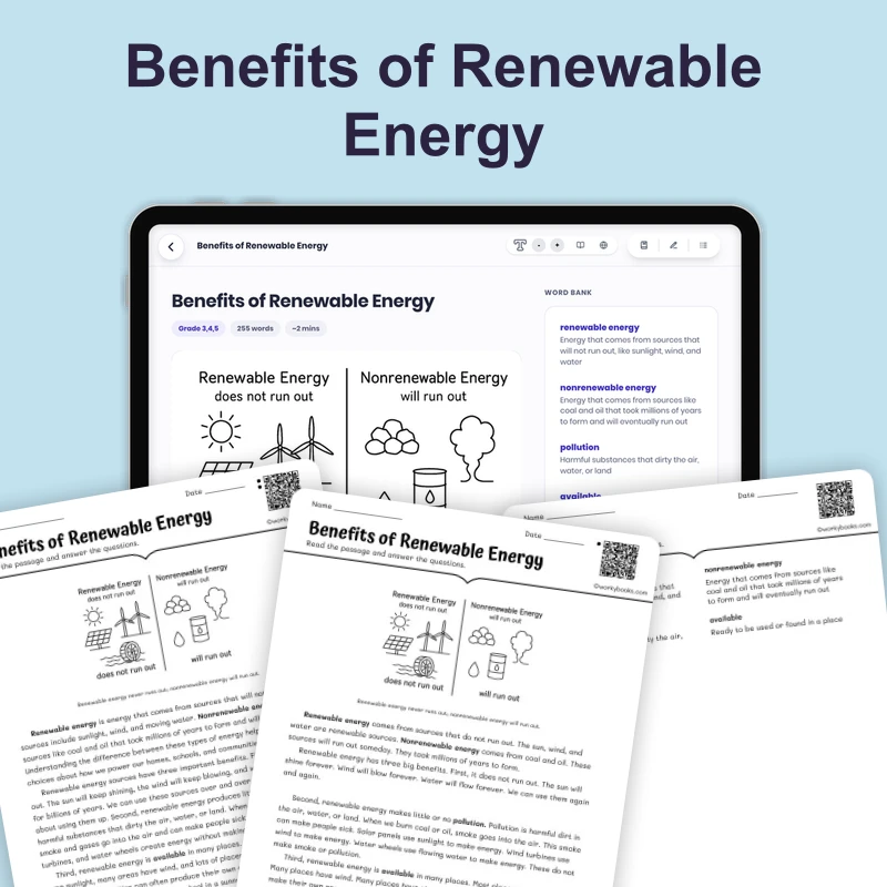 Benefits of Renewable Energy — science — reading comprehension for Grade 3, Grade 4, Grade 5, page 1 of 4