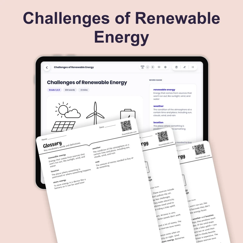Challenges of Renewable Energy — science — reading comprehension for Grade 3, Grade 4, Grade 5, page 1 of 4