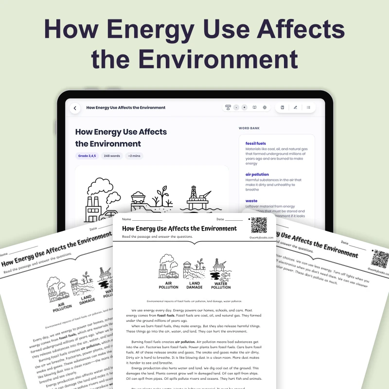 How Energy Use Affects the Environment — science — reading comprehension for Grade 3, Grade 4, Grade 5, page 1 of 4
