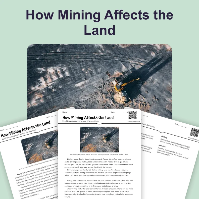 How Mining Affects the Land — science — reading comprehension for Grade 3, Grade 4, Grade 5, page 1 of 4