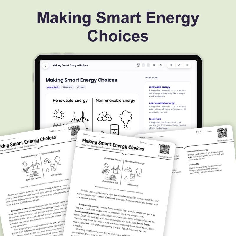 Making Smart Energy Choices — science — reading comprehension for Grade 3, Grade 4, Grade 5, page 1 of 4