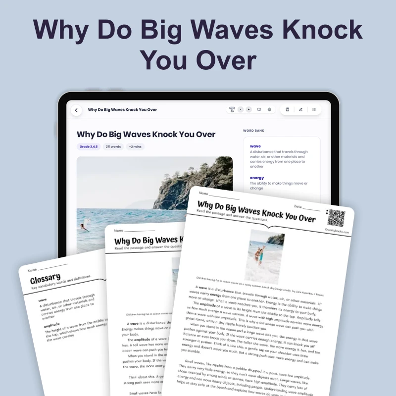Why Do Big Waves Knock You Over — science — reading comprehension for Grade 3, Grade 4, Grade 5, page 1 of 4