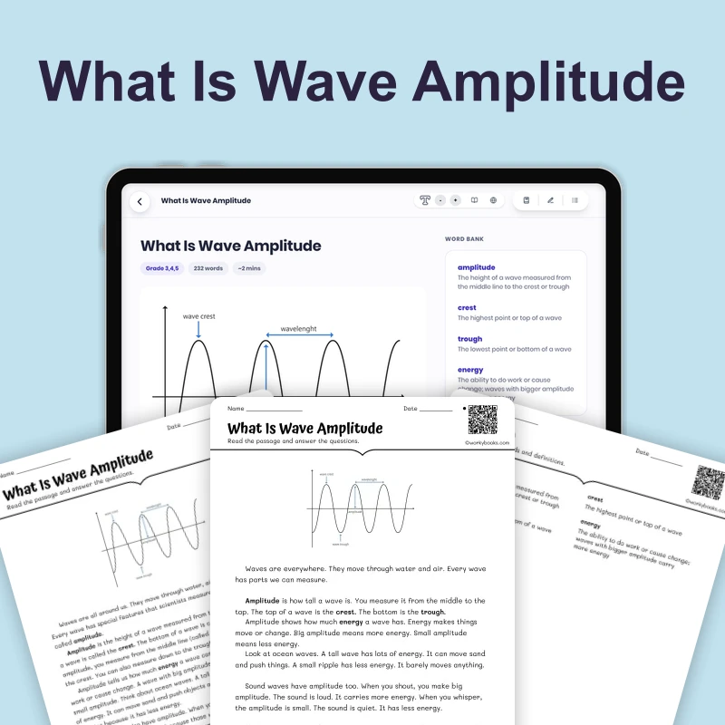 What Is Wave Amplitude — science — reading comprehension for Grade 3, Grade 4, Grade 5, page 1 of 4