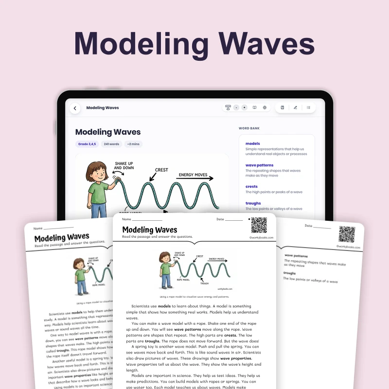 Modeling Waves — science — reading comprehension for Grade 3, Grade 4, Grade 5, page 1 of 4