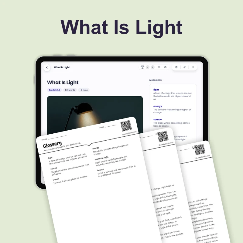 What Is Light — science — reading comprehension for Grade 3, Grade 4, Grade 5, page 1 of 4