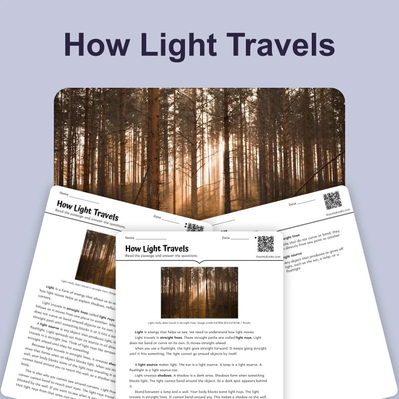 How Light Travels — science — reading comprehension for Grade 3, Grade 4, Grade 5, page 1 of 4