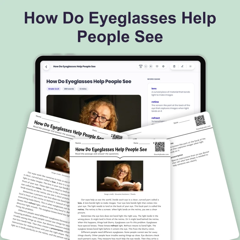 How Do Eyeglasses Help People See — science — reading comprehension for Grade 3, Grade 4, Grade 5, page 1 of 4