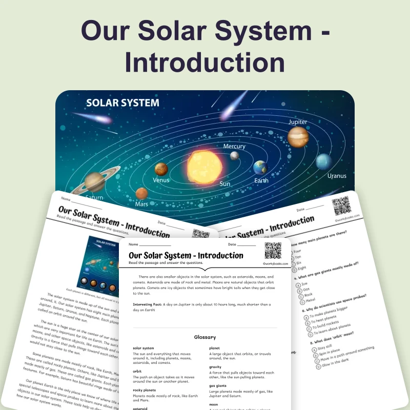 Our Solar System - Introduction — science — reading comprehension for Grade 3, Grade 4, Grade 5, Grade 6, page 1 of 4