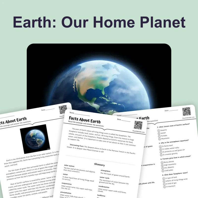 Facts About Earth — science — reading comprehension for Grade 3, Grade 4, Grade 5, Grade 6, page 1 of 4