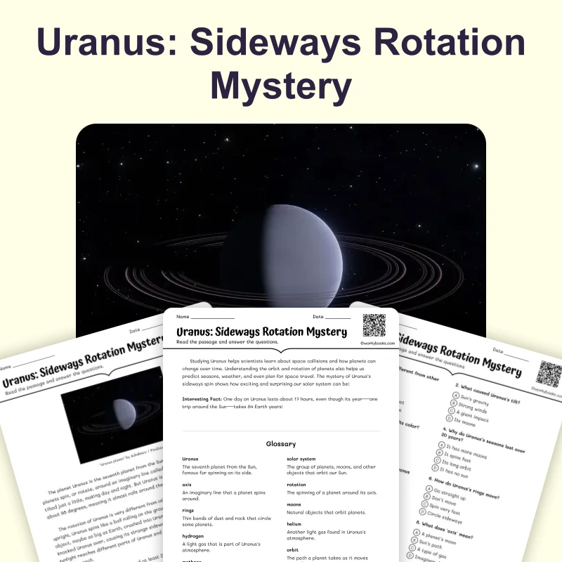 Uranus: Sideways Rotation Mystery — science — reading comprehension for Grade 3, Grade 4, Grade 5, Grade 6, page 1 of 4