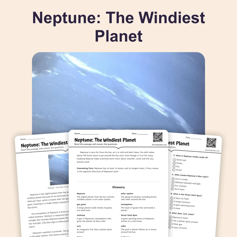 Neptune: The Windiest Planet — science — reading comprehension for Grade 3, Grade 4, Grade 5, Grade 6, page 1 of 4