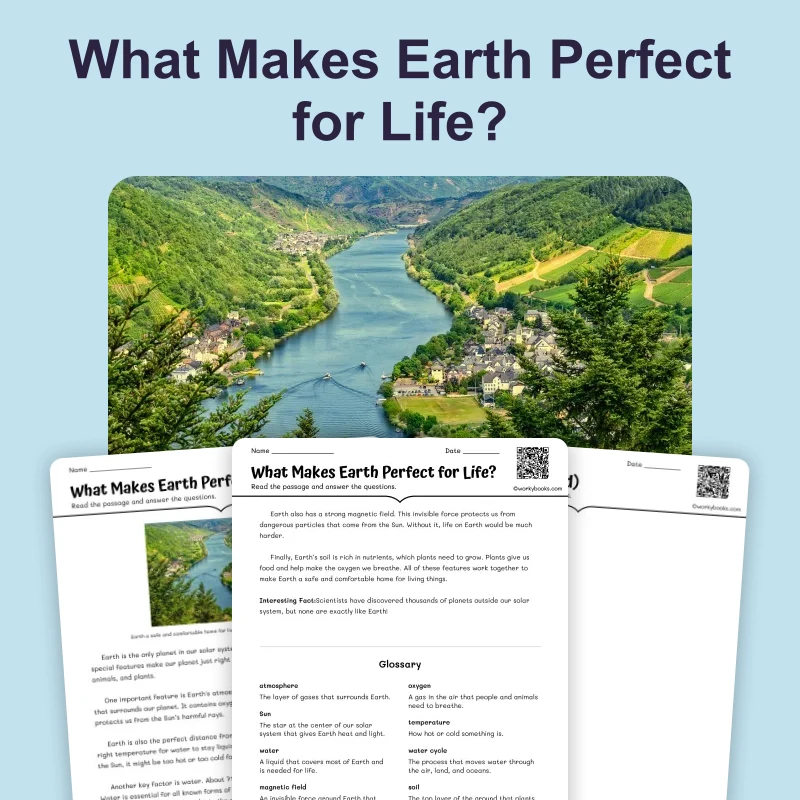 What Makes Earth Perfect for Life? — science — reading comprehension for Grade 3, Grade 4, Grade 5, Grade 6, page 1 of 4