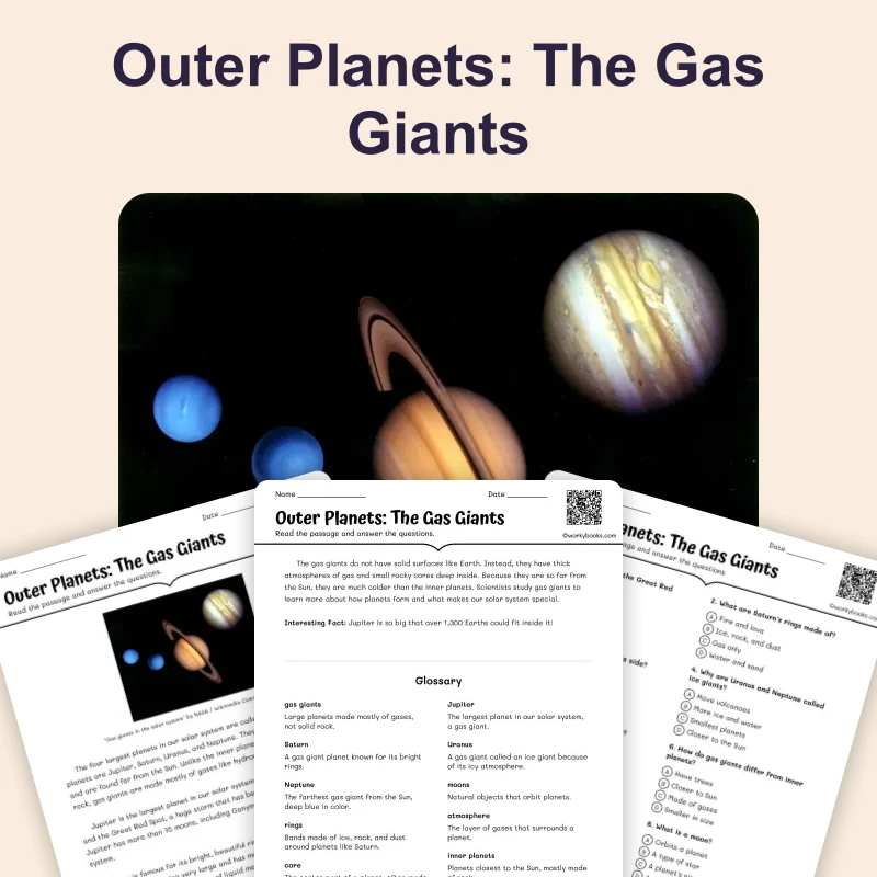 Outer Planets: The Gas Giants — science — reading comprehension for Grade 3, Grade 4, Grade 5, Grade 6, page 1 of 4