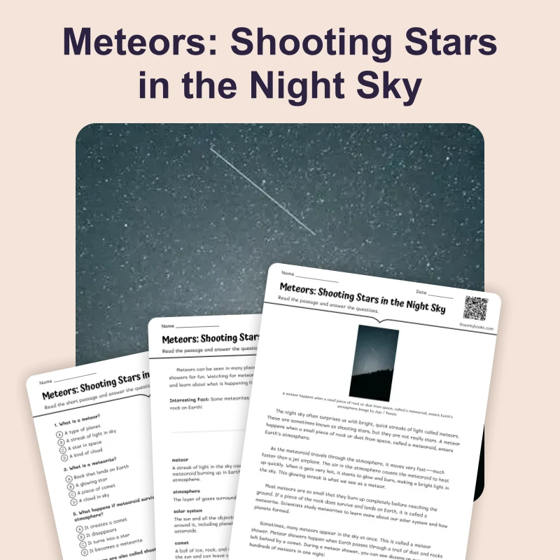 What Are Meteors? — science — reading comprehension for Grade 3, Grade 4, Grade 5, Grade 6, page 1 of 4