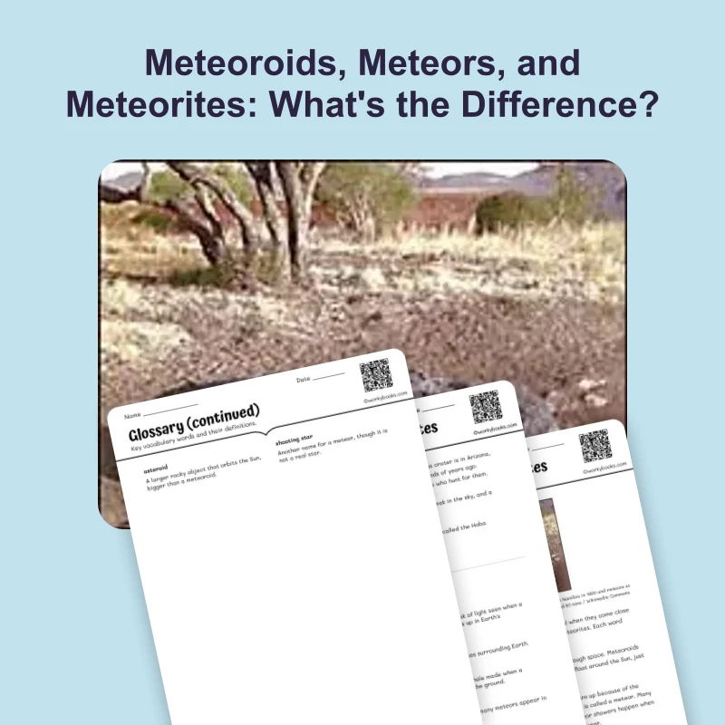Meteoroids, Meteors, and Meteorites — science — reading comprehension for Grade 3, Grade 4, Grade 5, Grade 6, page 1 of 4
