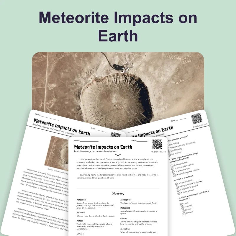 Meteorite Impacts on Earth — science — reading comprehension for Grade 3, Grade 4, Grade 5, Grade 6, page 1 of 4
