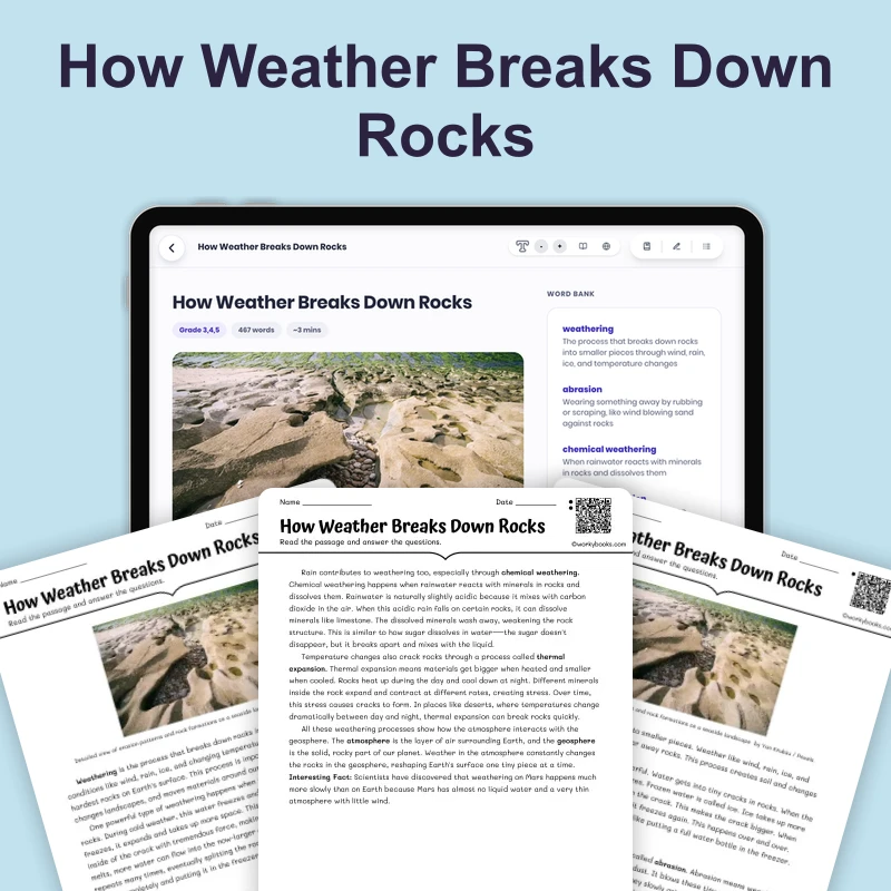 How Weather Breaks Down Rocks — science — reading comprehension for Grade 4, Grade 5, Grade 6, page 1 of 4
