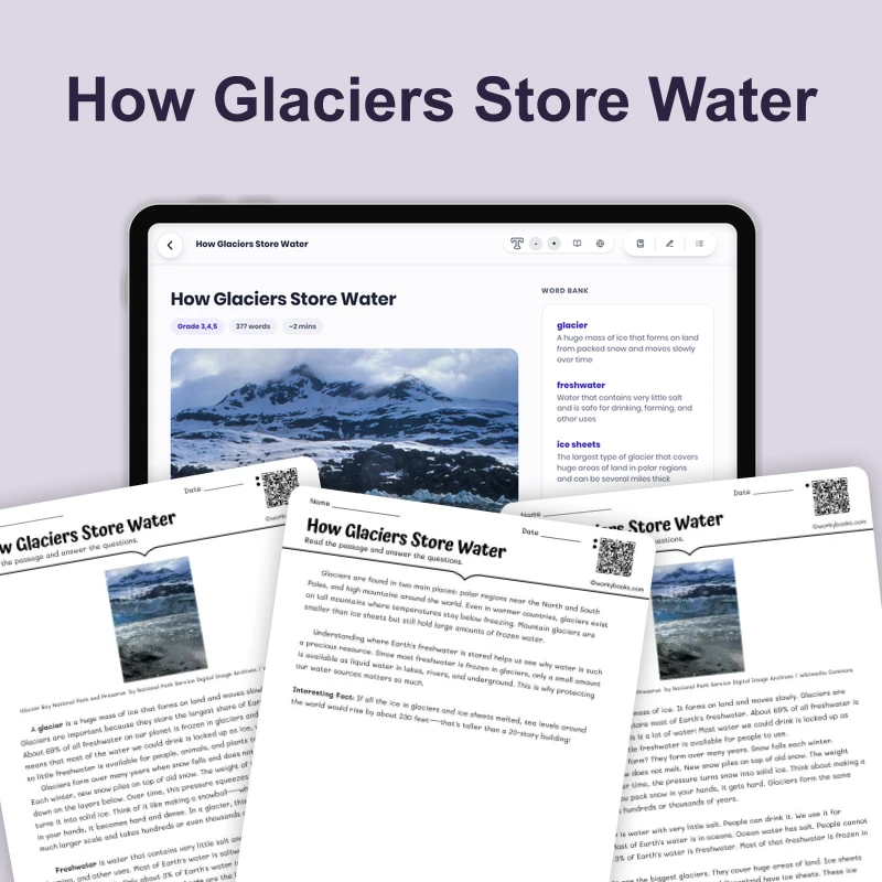 How Glaciers Store Water — science — reading comprehension for Grade 4, Grade 5, Grade 6, page 1 of 4