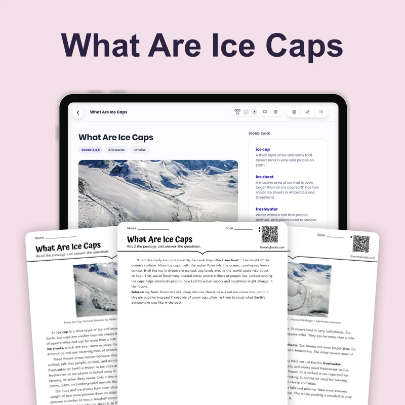 What Are Ice Caps — science — reading comprehension for Grade 4, Grade 5, Grade 6, page 1 of 4