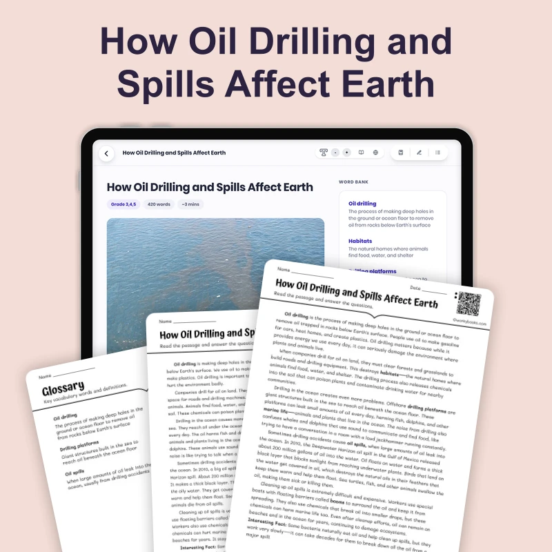 How Oil Drilling and Spills Affect Earth — science — reading comprehension for Grade 4, Grade 5, Grade 6, page 1 of 4