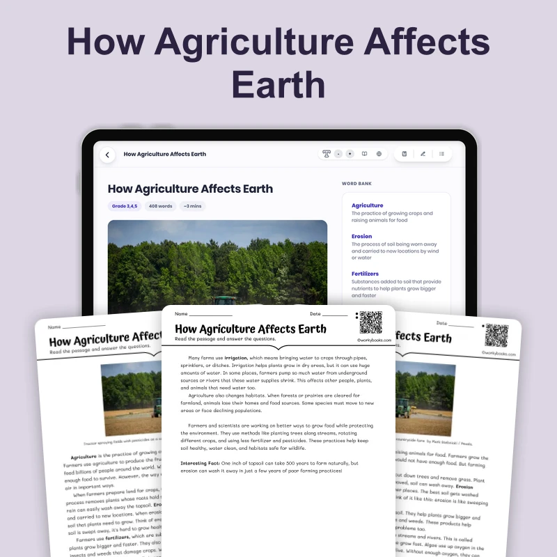 How Agriculture Affects Earth — science — reading comprehension for Grade 4, Grade 5, Grade 6, page 1 of 4