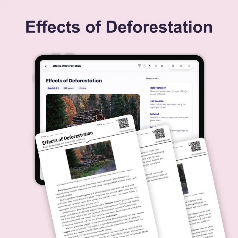 Effects of Deforestation — science — reading comprehension for Grade 4, Grade 5, Grade 6, page 1 of 4