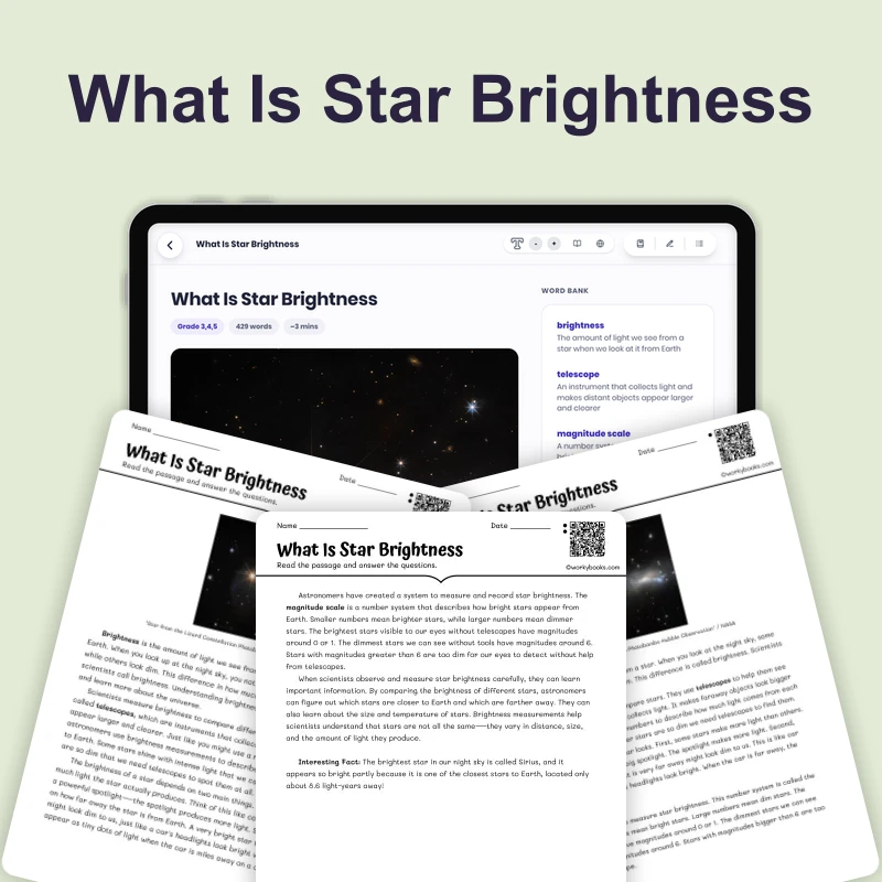 What Is Star Brightness — science — reading comprehension for Grade 4, Grade 5, Grade 6, page 1 of 4