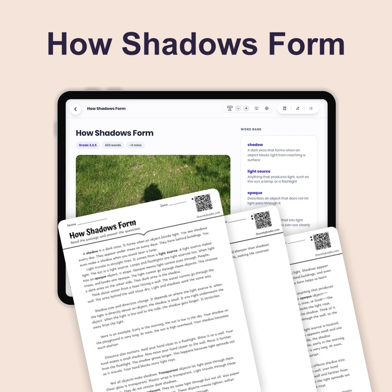 How Shadows Form — science — reading comprehension for Grade 4, Grade 5, Grade 6, page 1 of 4