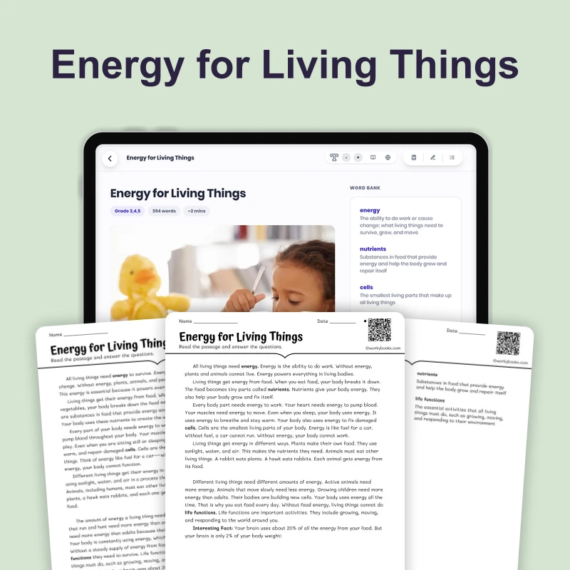 Energy for Living Things — science — reading comprehension for Grade 4, Grade 5, Grade 6, page 1 of 4