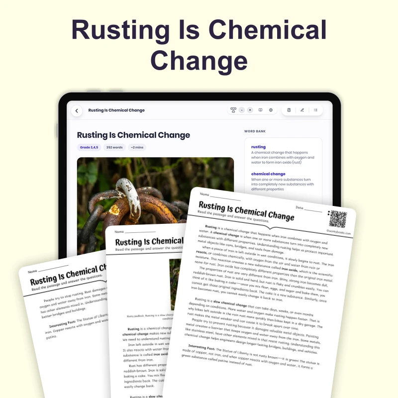 Rusting Is Chemical Change — science — reading comprehension for Grade 4, Grade 5, Grade 6, page 1 of 4