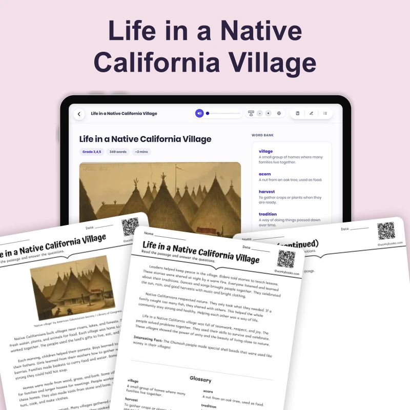 Life in a Native California Village — reading — reading comprehension for Grade 3, Grade 4, Grade 5, page 1 of 4