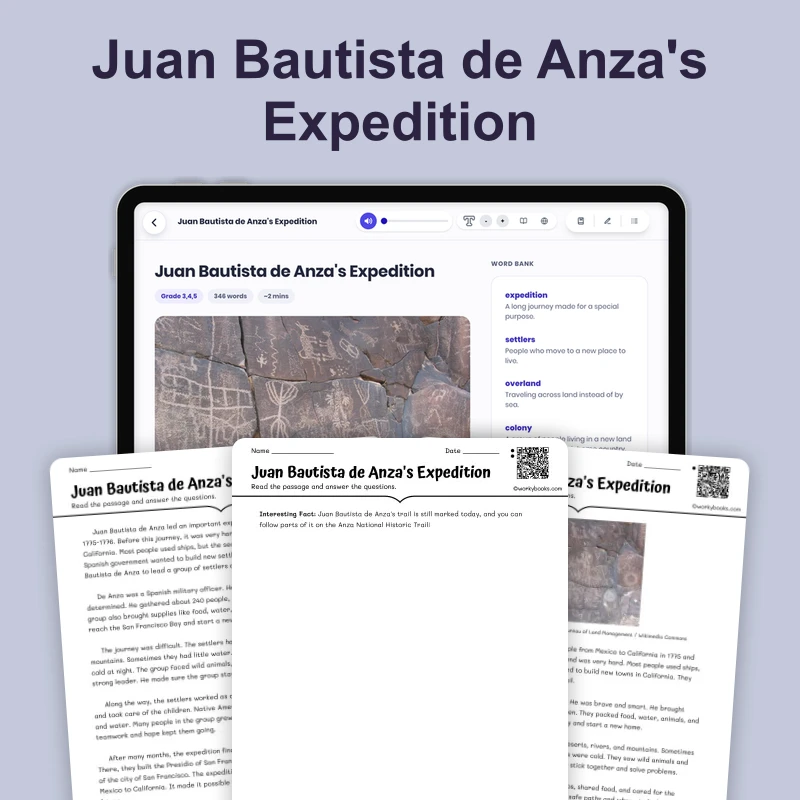 Juan Bautista de Anza's Expedition — ela — reading comprehension for Grade 3, Grade 4, Grade 5, page 1 of 4