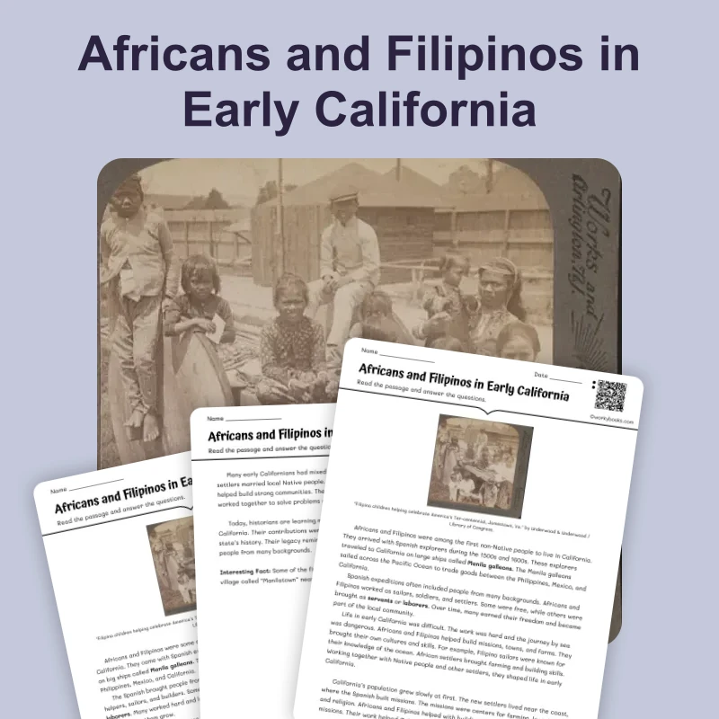 Africans and Filipinos in Early California — ela — reading comprehension for Grade 3, Grade 4, Grade 5, page 1 of 4