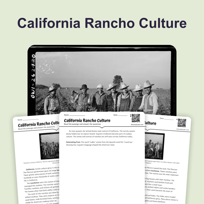 California Rancho Culture — ela — reading comprehension for Grade 3, Grade 4, Grade 5, page 1 of 4